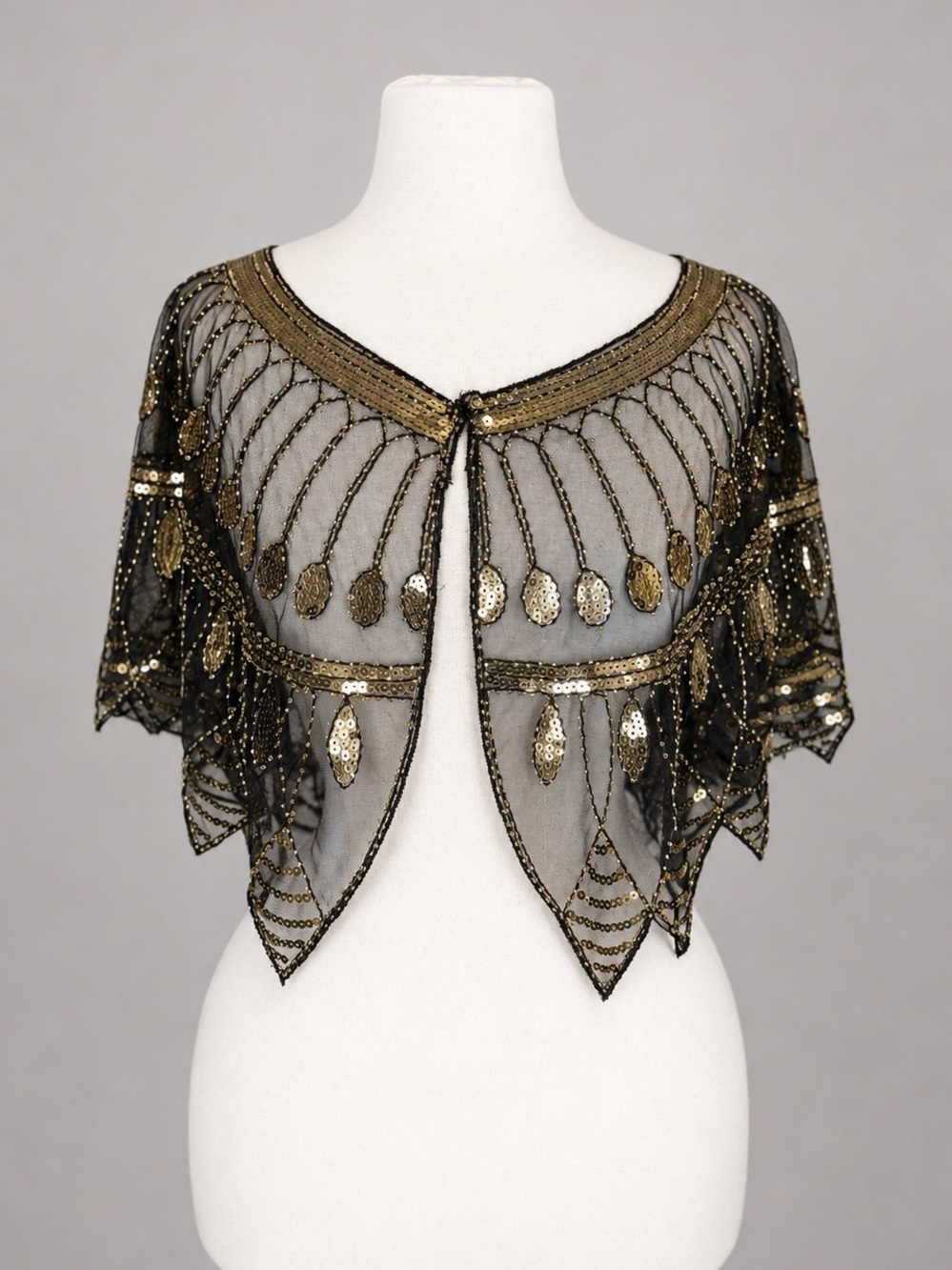 Vintage Black Gold Sequin Beaded Sheer Shrug Gatsby Art Deco Festival